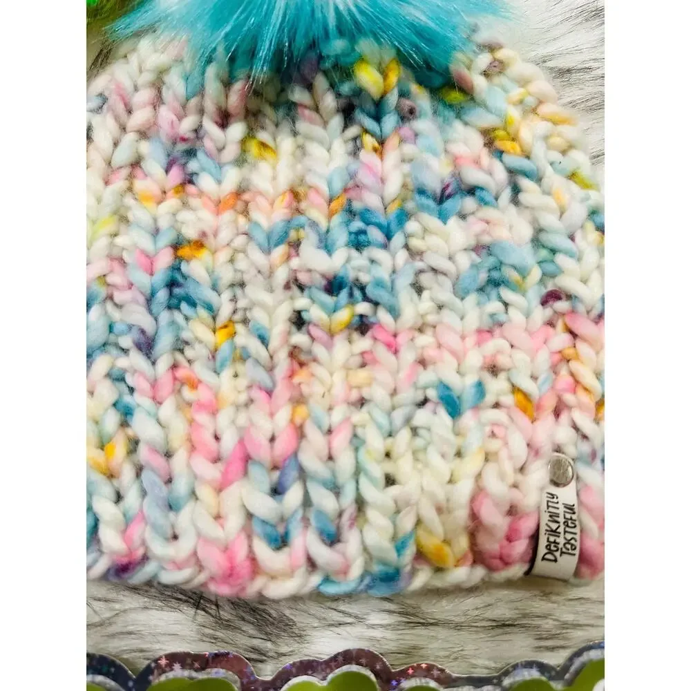 Hand Knit Merino Wool Beanie: DefiKnitly Tasteful Knit Hat with Faux Fur Pom